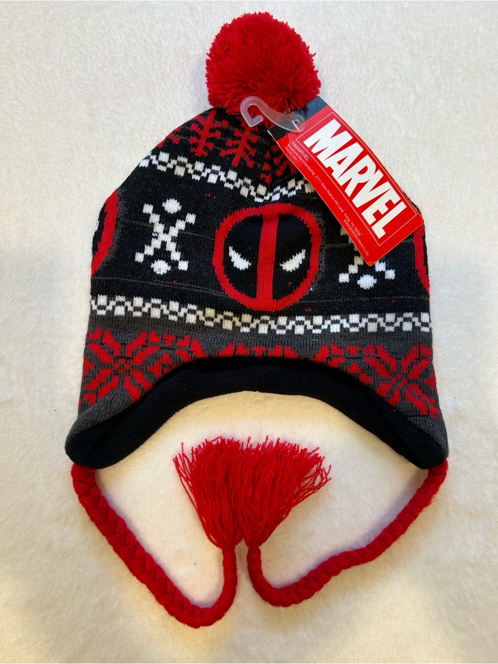 Marvel Deadpool Fair Isle Earflap Pom Beanie Hat Red Black NWT